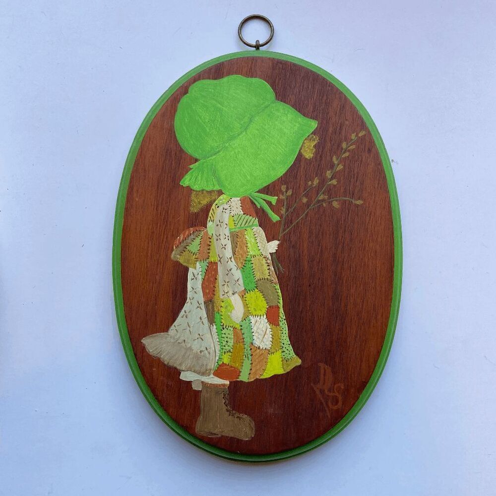 Vintage Hand Painted Holly Hobbie Wood Wall Plaque 70s Folk Art 10"x7" Signed